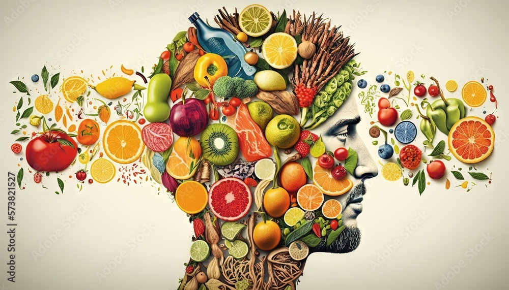  a mans head with a variety of fruits and vegetables coming out of his head to depict the concept o