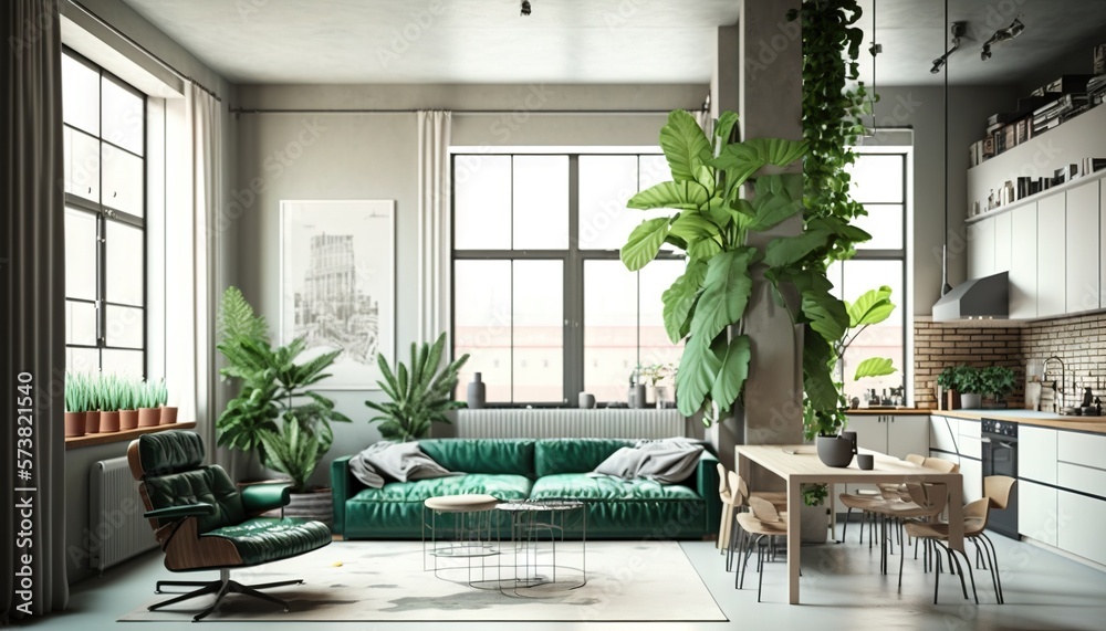  a living room with a green couch and a table with chairs and a potted plant in it and a kitchen in 