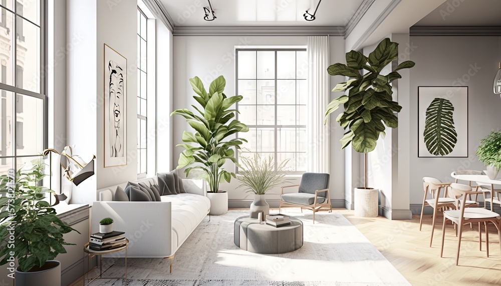  a living room filled with lots of furniture and a large plant in the corner of the room on the far 