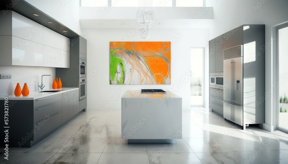  a kitchen with a large painting on the wall and a large painting on the wall above the counter top 