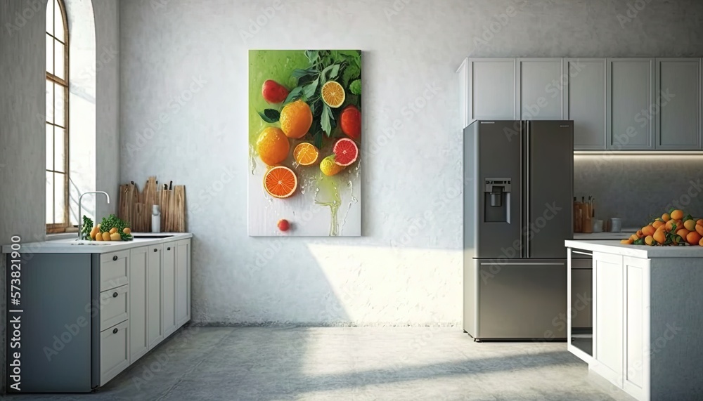  a kitchen with a refrigerator, sink, and a painting of oranges on the wall above the sink and a ref