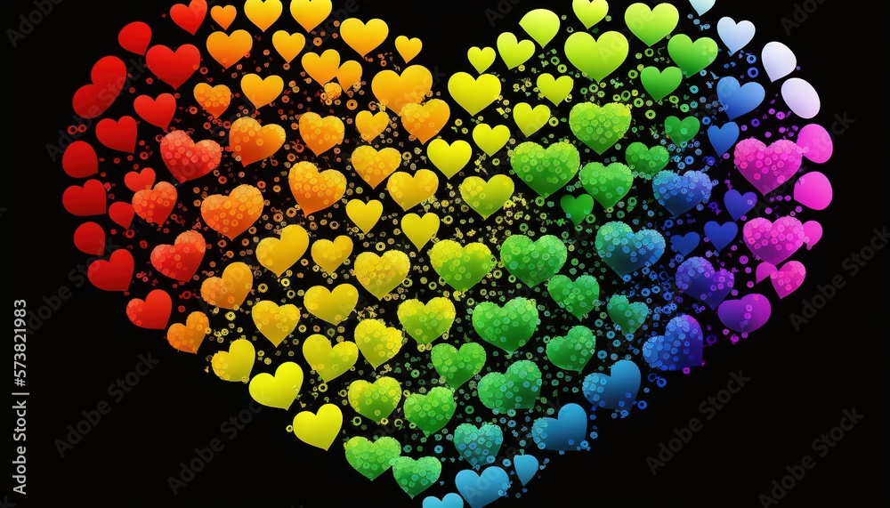  a rainbow heart shaped arrangement of hearts on a black background with a black background and a ra