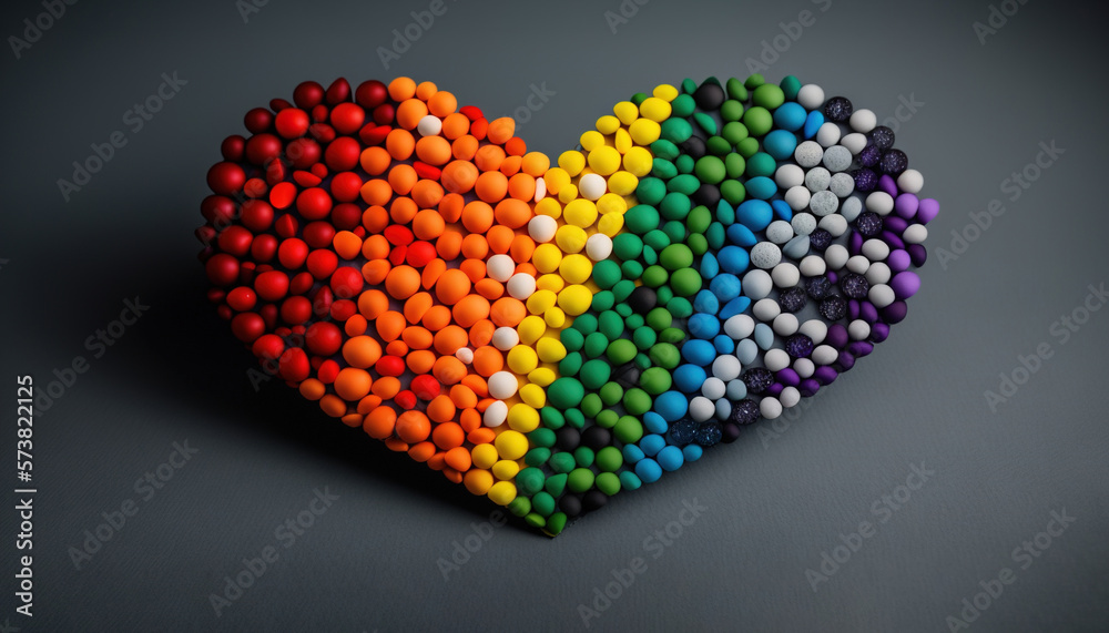  a heart made out of candy balls on a gray background with a rainbow of colors in the middle of the 