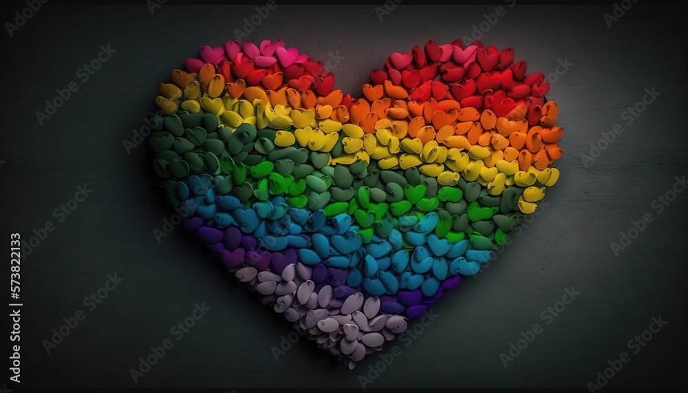  a heart made out of colored pills in the shape of a rainbow on a black background with a black bord