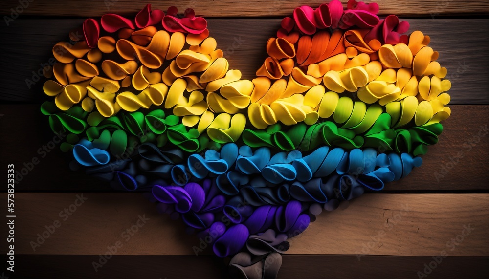  a rainbow heart made out of rolled up paper on a wooden surface with a pair of scissors in the midd