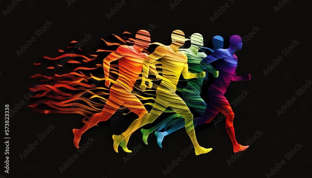  a group of people that are running in a race with a rainbow colored pattern on the side of the race