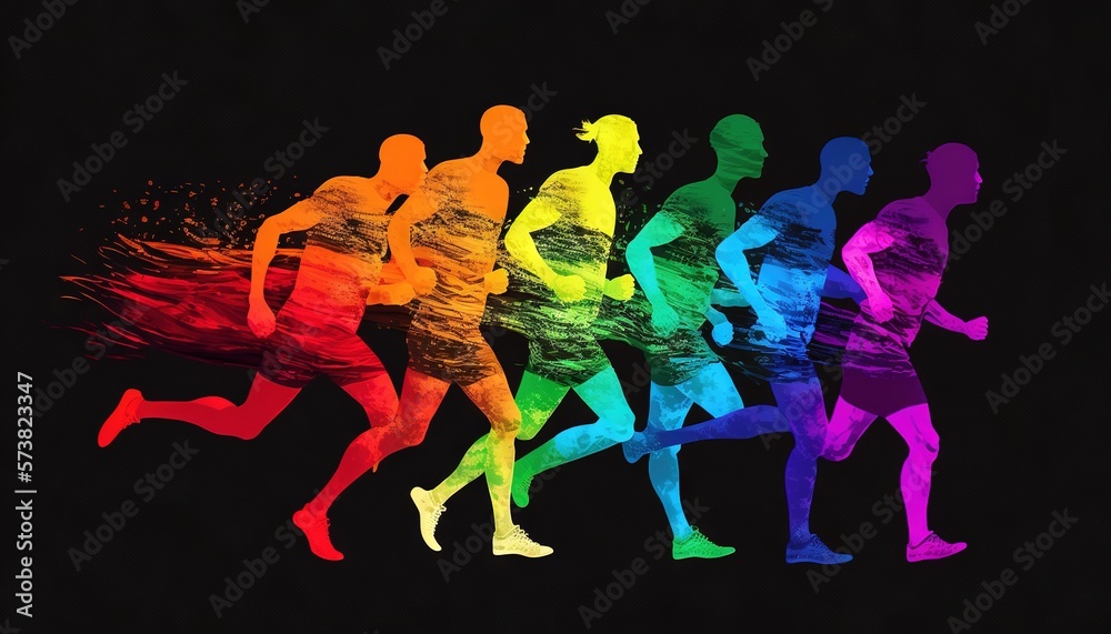  a group of people that are running in a race line with a black background and a rainbow colored sil