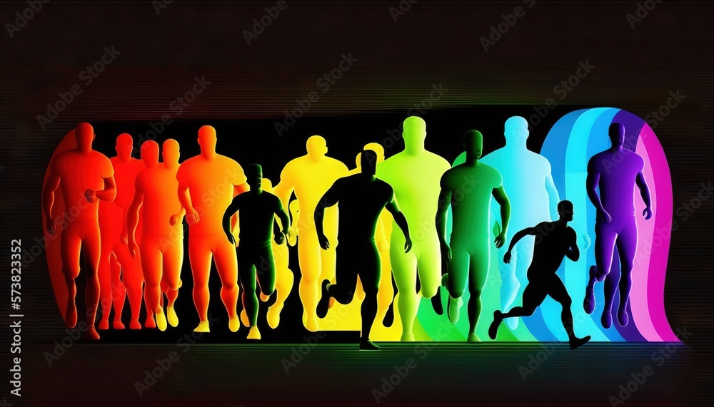  a group of silhouettes of people running in a rainbow colored line with a black background and a bl