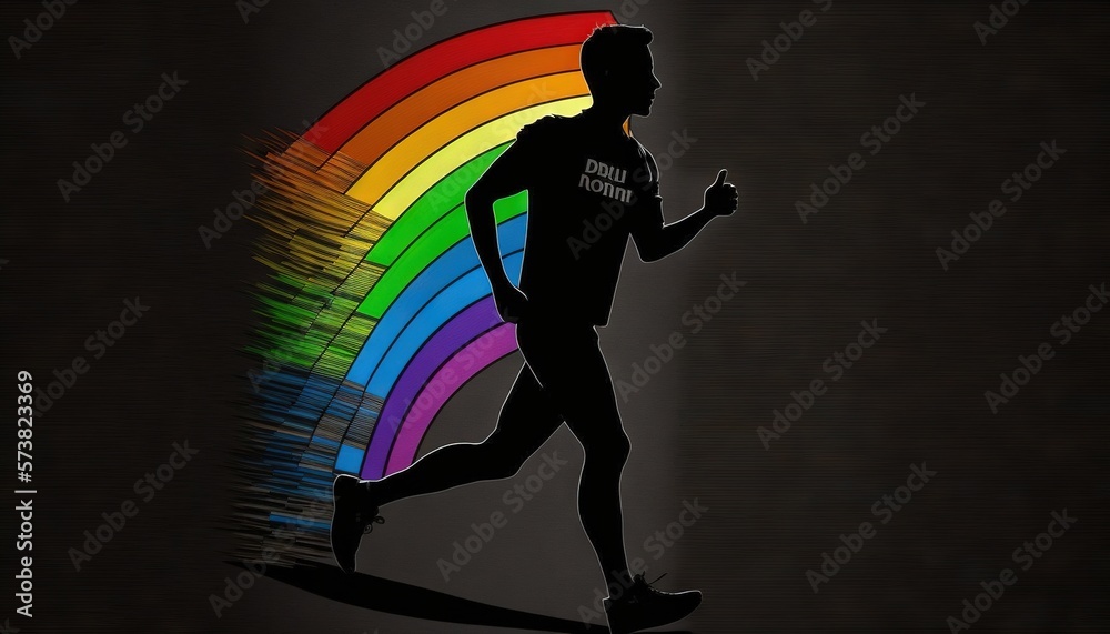  a man running in front of a rainbow colored background with the words running through the rainbow o