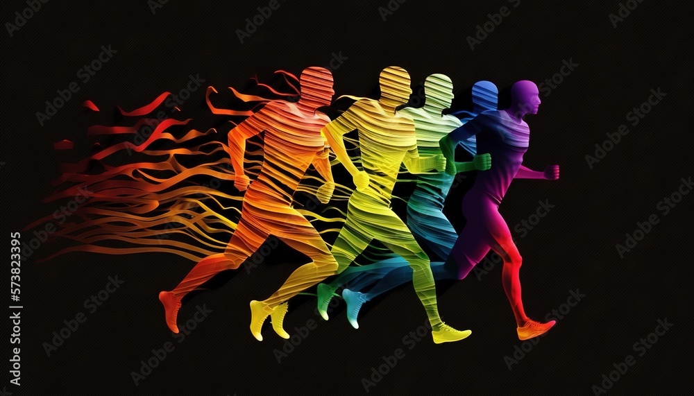  a group of people that are running in the dark with a rainbow colored design on their body and the 