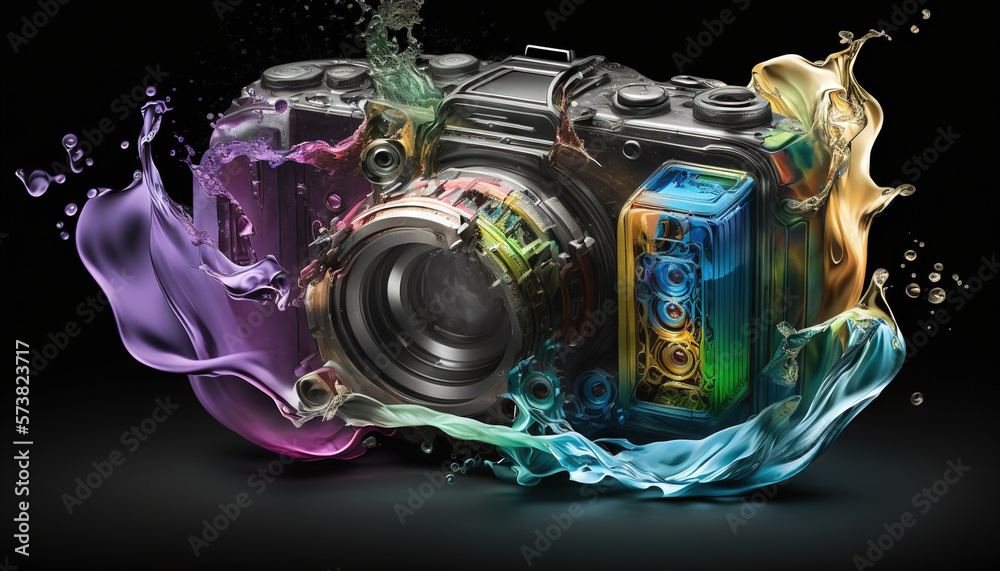  a digital camera with a splash of water on its side and a splash of water on the back of its fron