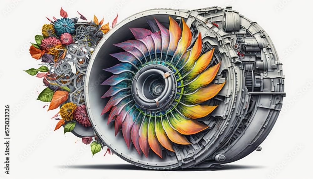  a drawing of a jet engine with colorful flowers on the side of it and a jet engine in the middle of