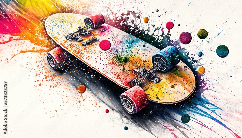  a painting of a skateboard on a white background with multicolored splats and drops of paint on the