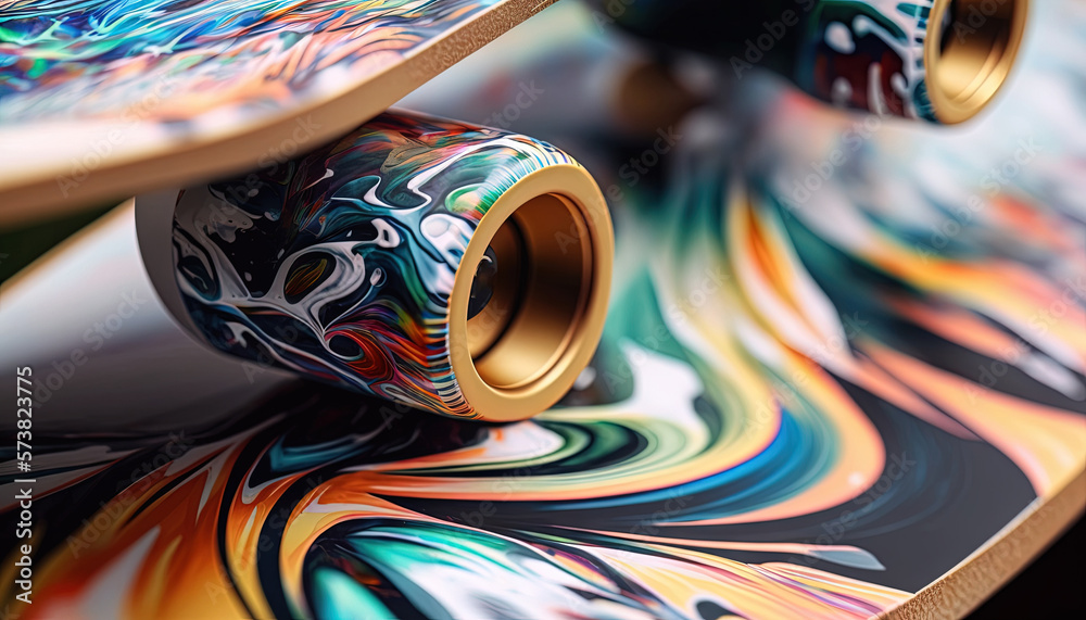  a close up of a skateboard with a colorful design on the bottom of the board and the bottom of the 