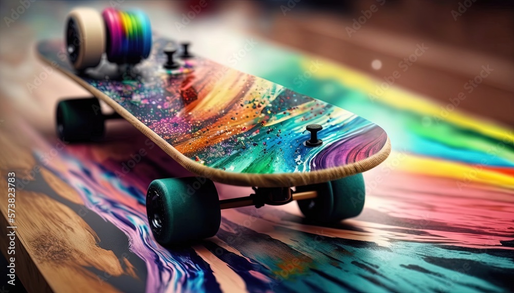  a skateboard with a colorful design on the bottom of it and wheels on the bottom of it, on a wooden