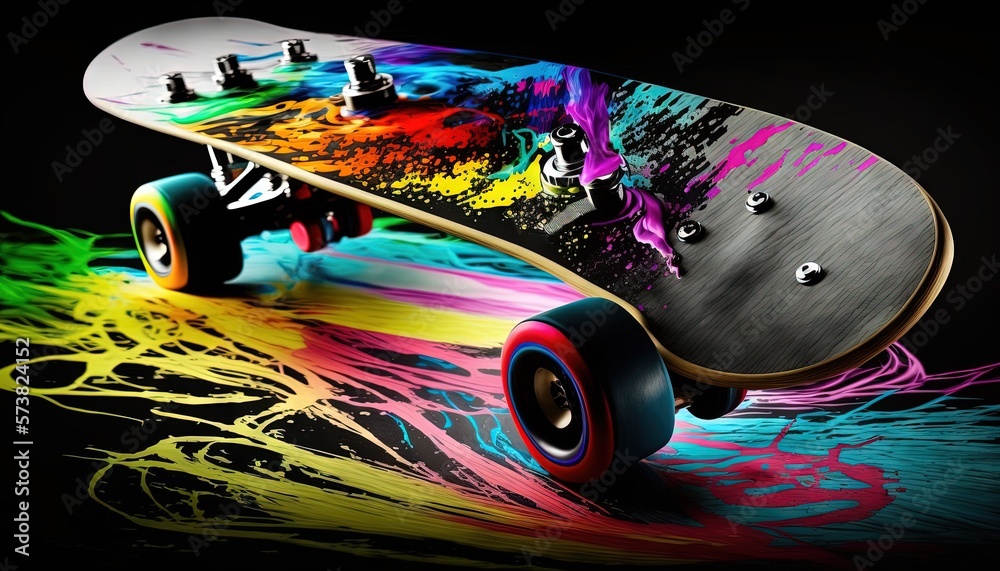  a colorful skateboard with wheels on a black background with a splash of paint on the bottom of the