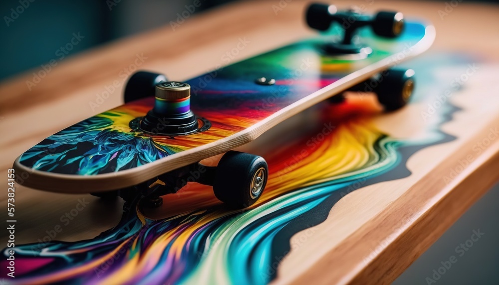  a colorful skateboard sitting on top of a wooden table next to a pair of black wheels on the top of