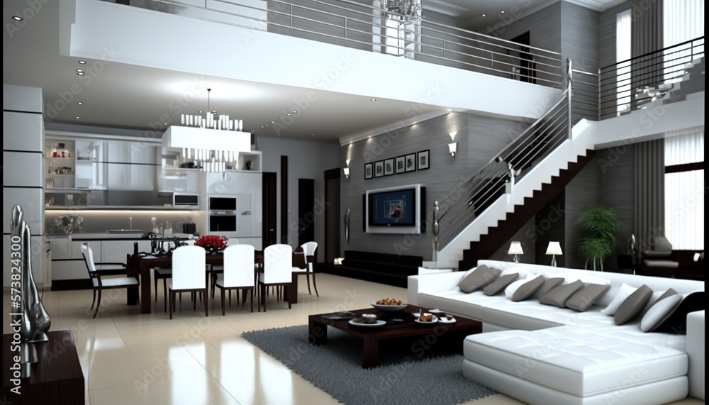  a living room with a couch a table and a stair case in the center of the room and a staircase leadi