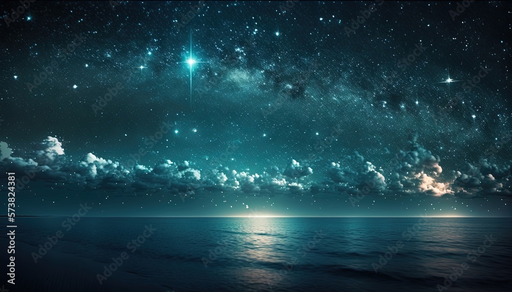  a night sky filled with stars and a bright light shining on the ocean below the clouds and the ocea