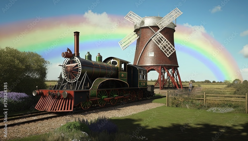  a painting of a train with a windmill in the background and a rainbow in the sky above it, with a r