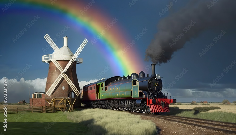  a train traveling past a windmill with a rainbow in the sky behind it and a rainbow in the sky behi