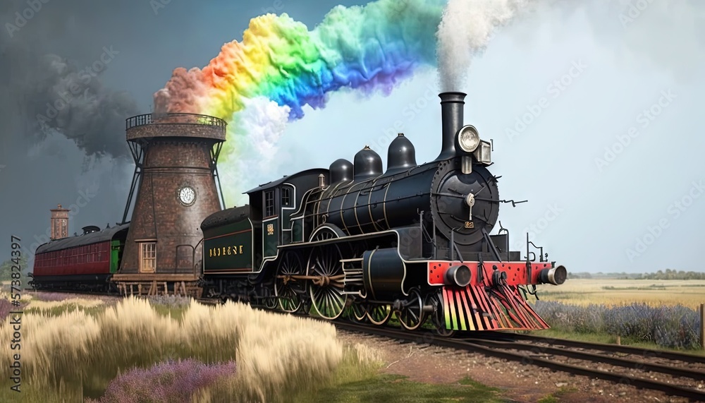  a painting of a train with a rainbow coming out of the top of the train and smoke coming out of the