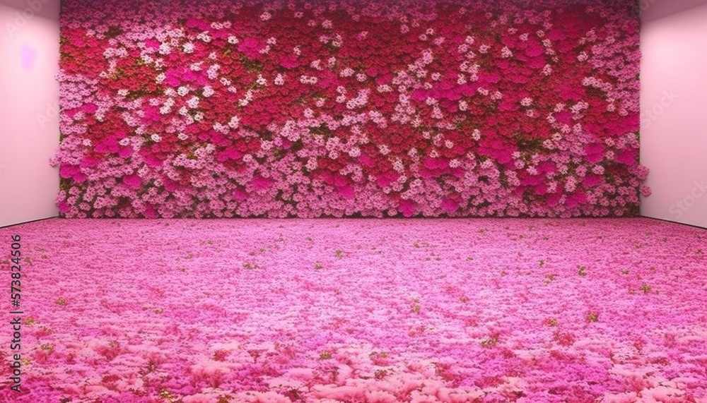  a room filled with lots of pink flowers next to a wall of pink flowers in a room filled with pink w