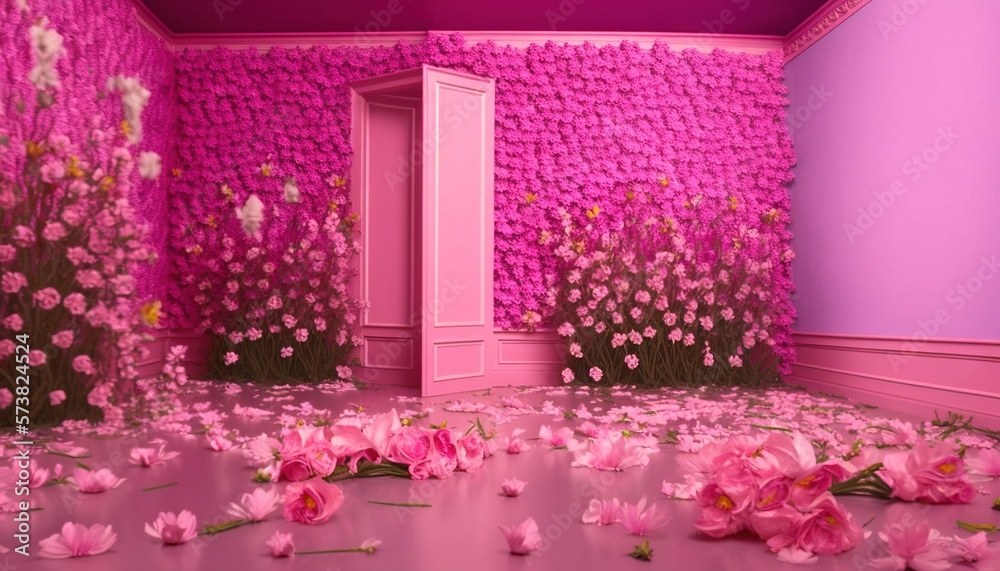  a room with pink walls and flowers on the floor and a door in the middle of the room with pink wall