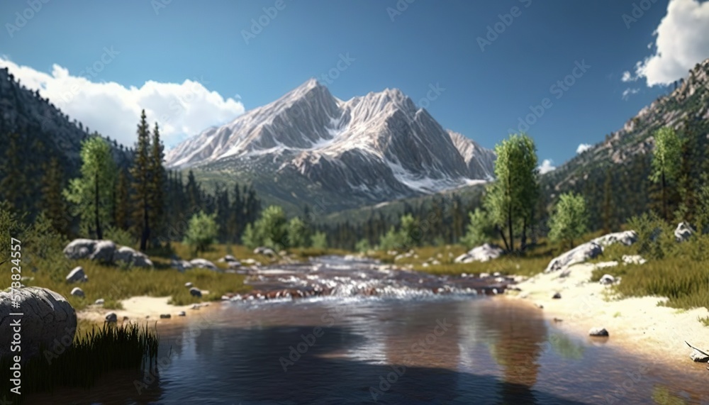  a painting of a mountain lake surrounded by trees and rocks with a mountain in the background with 