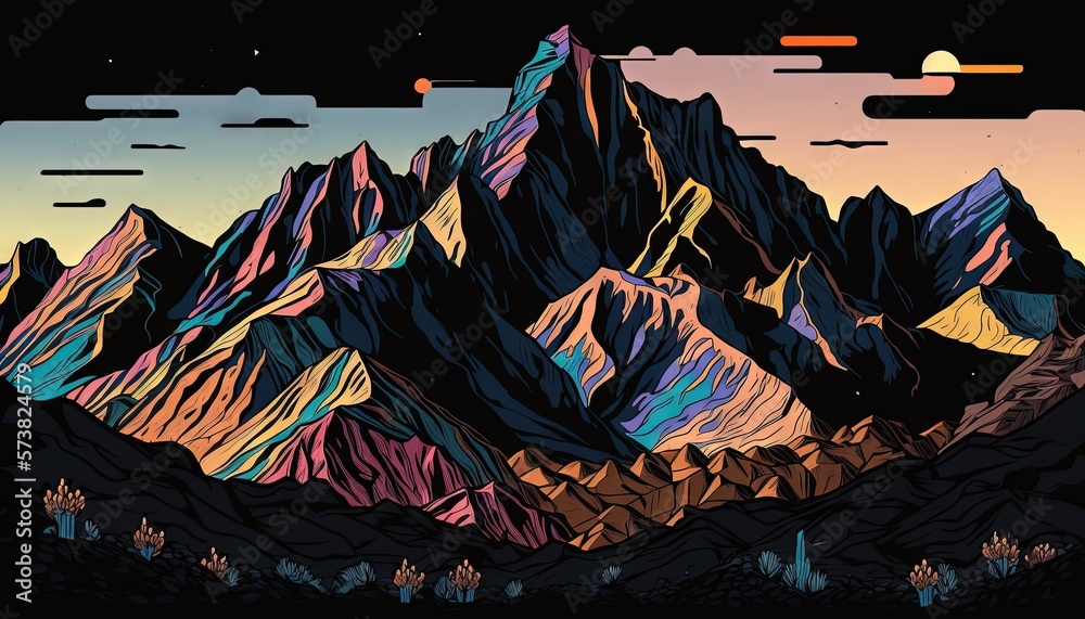  a mountain range with a sunset in the background and a sky filled with stars and clouds above it, w