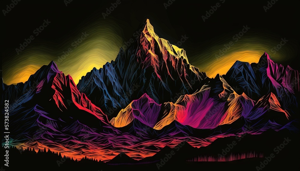  a painting of a mountain range with a colorful sky in the background and a red, yellow, purple, and