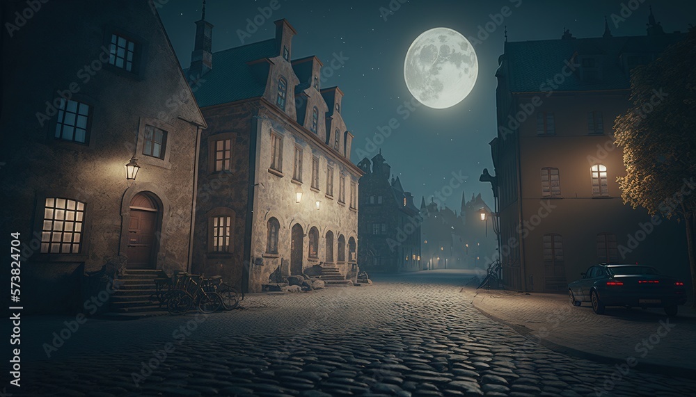  a night scene of a cobblestone street with a full moon in the sky and a car parked on the side of t