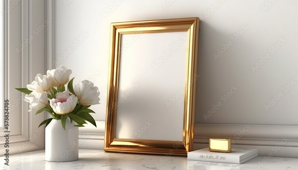  a white vase with flowers and a gold framed mirror on a marble countertop next to a white book and 