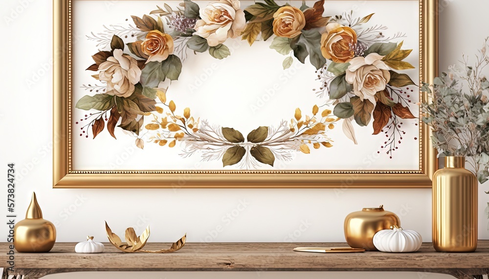  a picture of a floral wreath on a wall above a mantle with vases and a gold vase on the side of the