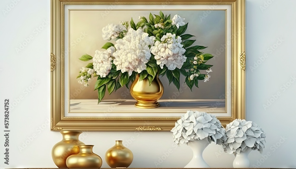  a painting of white flowers in a gold vase on a table next to vases and vases on a shelf with a gol