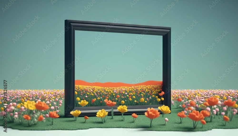  a picture of a field of flowers with a picture frame in the middle of the frame and a picture of a 