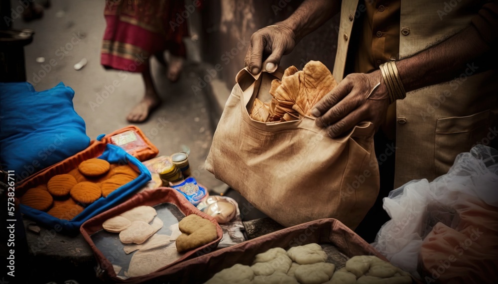  a man holding a bag of food next to a table filled with cookies and other foods on its side and a 