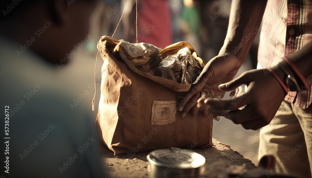  a man is holding a bag full of food in his hand while another man is holding a can of beer in his o