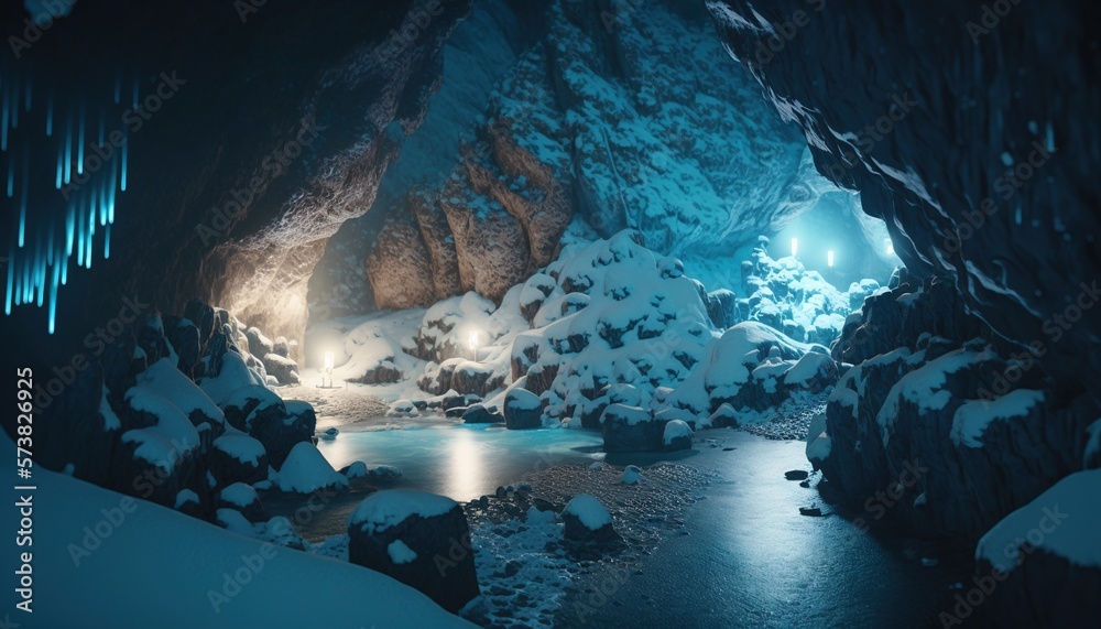  a large cave with a lake in the middle of it and snow on the ground and rocks on the sides of the c