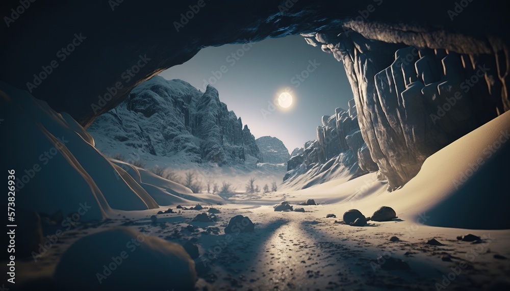  a snow covered mountain with a full moon in the sky and a path leading to it through the snow cover