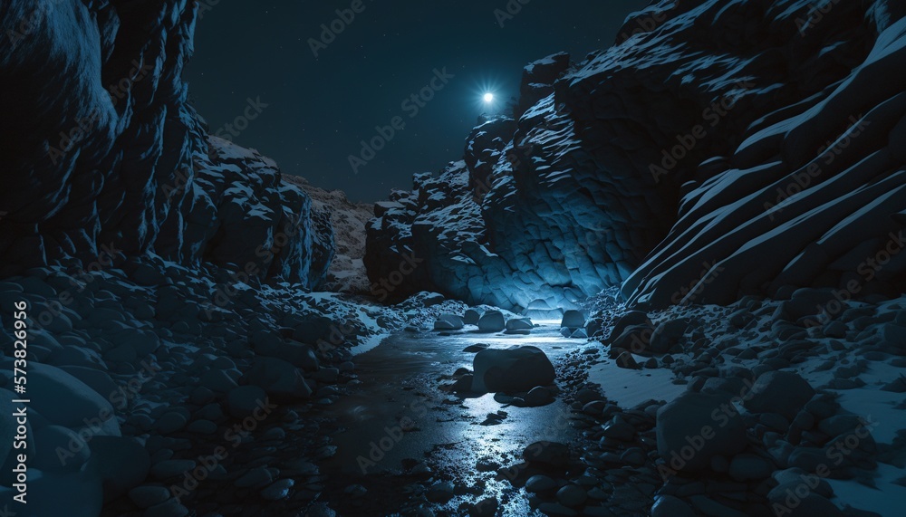  a dark cave with a stream of water running through it and a bright light shining on the cave walls 