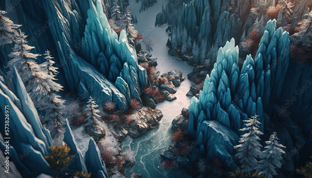  an aerial view of a river surrounded by snow covered mountains and trees, with the sun shining on t