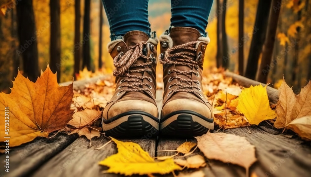  a person wearing hiking boots standing on a wooden platform in the woods with autumn leaves around 