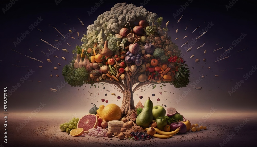  a tree with many fruits and vegetables growing out of its roots and falling into the air, with a d