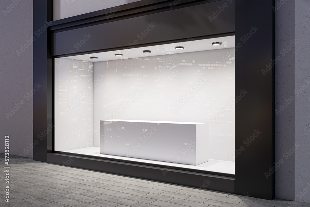 Perspective view on blank podium on empty shop window background with place for your product present