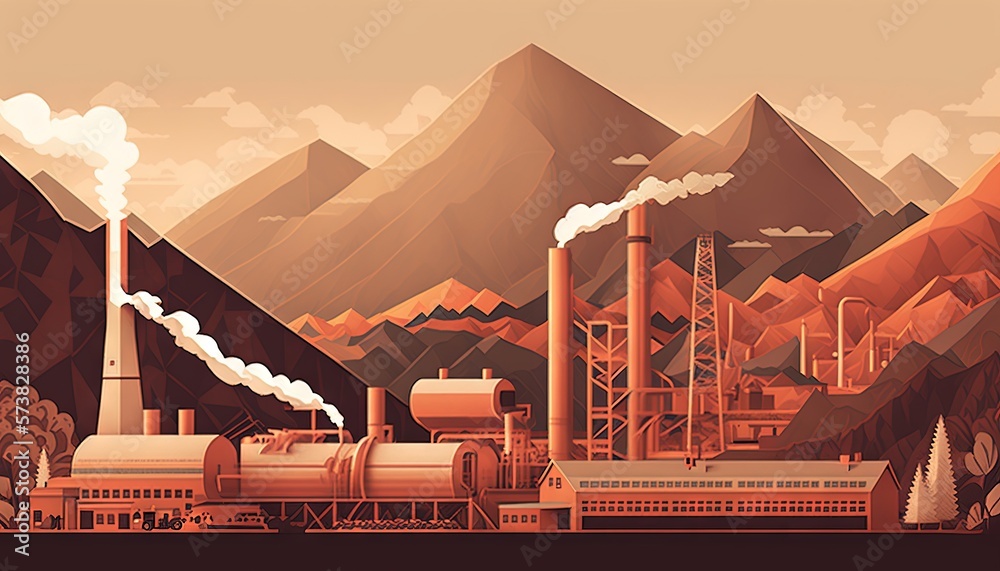  a painting of a factory with smoke stacks and mountains in the background, with a sky filled with c