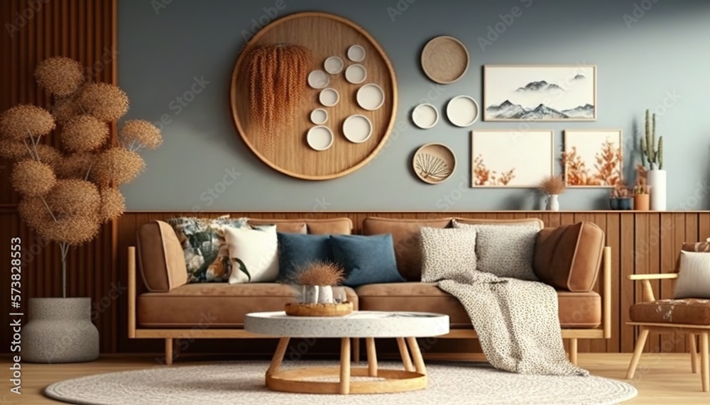  a living room filled with furniture and a large wooden clock on the wall above the couch and coffee