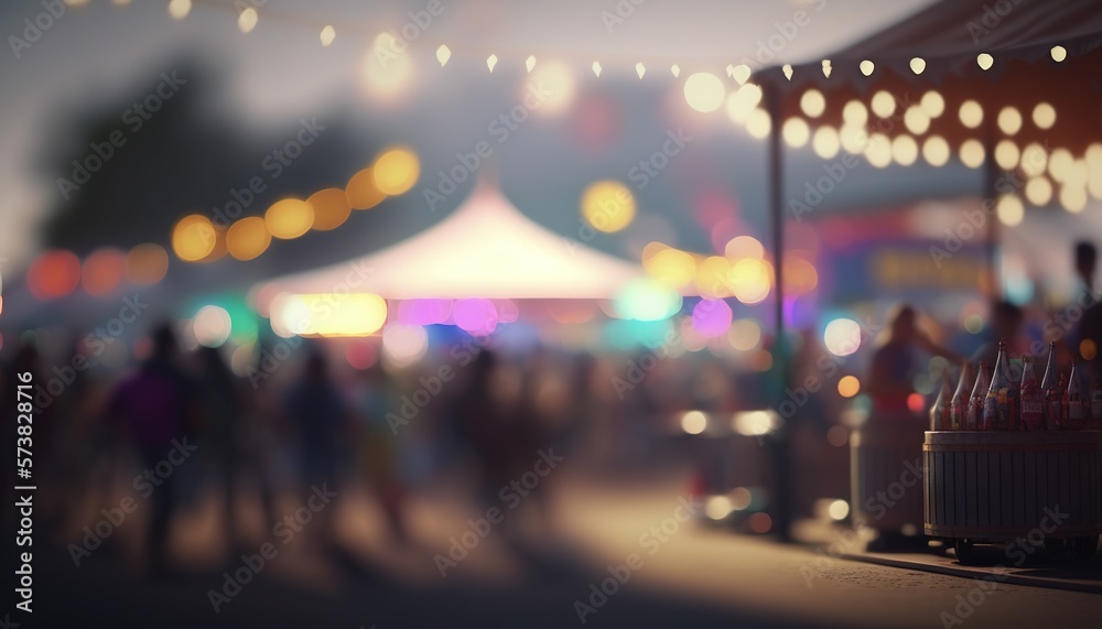  a blurry photo of people walking around a fairground at night with lights on the ceiling and a tent