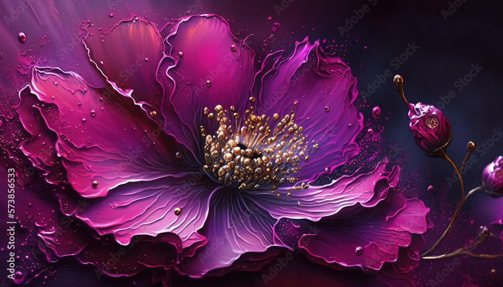 Generative AI, Close up of blooming flowerbeds of amazing viva magenta flowers on dark moody floral 