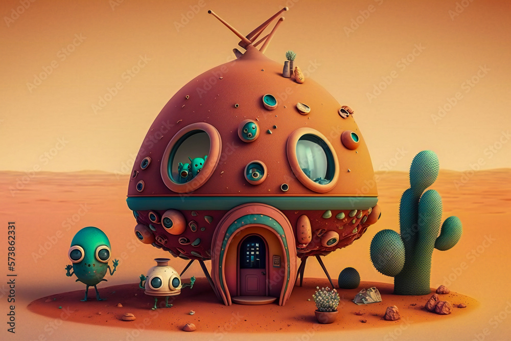 Cute tiny aliens and alien house. Created with Generative AI technology.